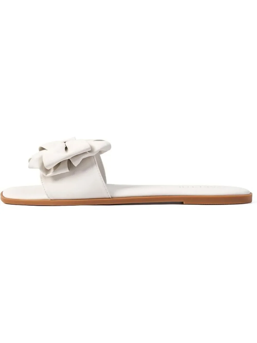 Women's White Faux Leather Bow Flat Sandals Open Saquare Toe Comfortable Slides